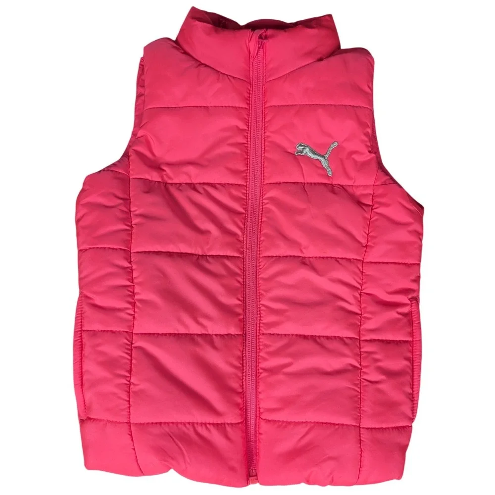 Puma Kids Pink Quilted Puffer Vest Silver‎ Glitter Logo Full Zip Mock Neck 87819